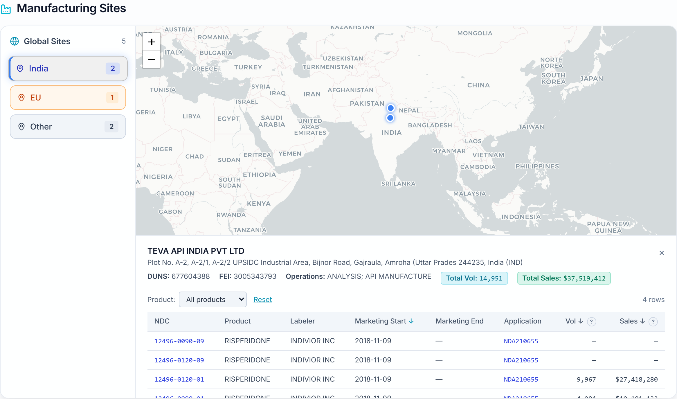 Organization manufacturing sites map with site-level detail